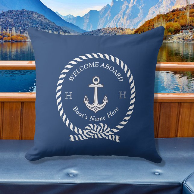Nautical Boat Name Anchor Rope Navy Blue Welcome  Cushion (Creator Uploaded)