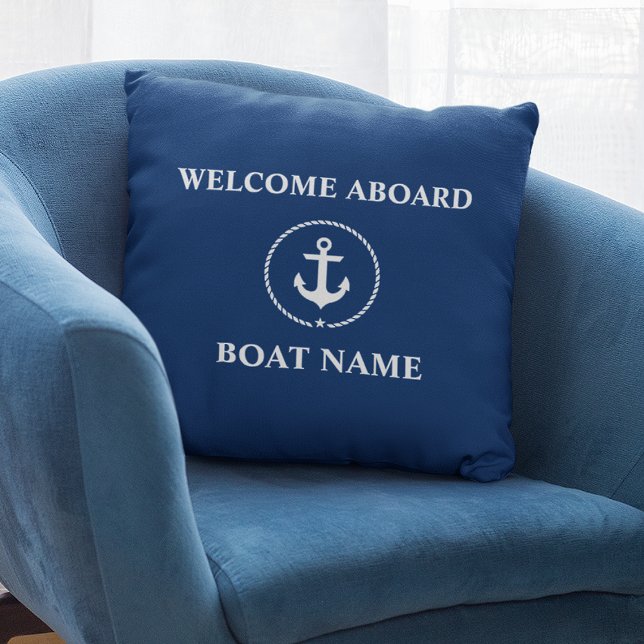 Nautical Boat Name Anchor Rope Navy Blue Welcome Cushion (Customize to change text size or text style.)