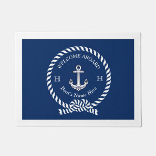 Nautical Boat Name Anchor Rope Navy Blue Welcome   Doormat