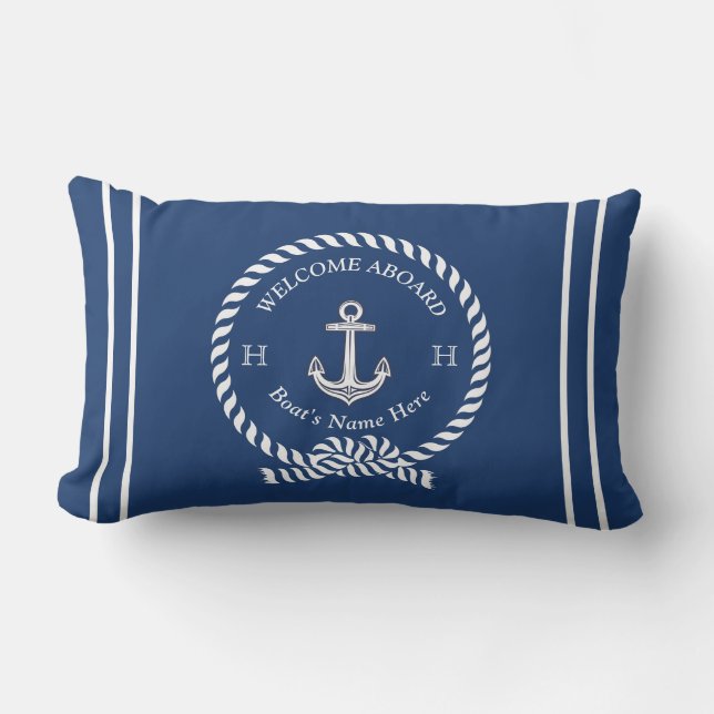 Nautical Boat Name Anchor Rope Navy Blue Welcome Lumbar Cushion (Front)