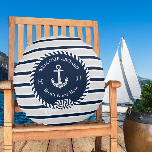 Nautical Boat Name Anchor Rope Navy Blue Welcome  Round Cushion (Creator Uploaded)