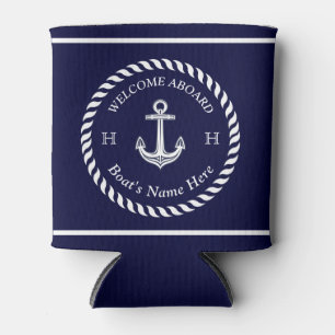 Nautical Boat Name Anchor Rope Navy Blue White Can Cooler