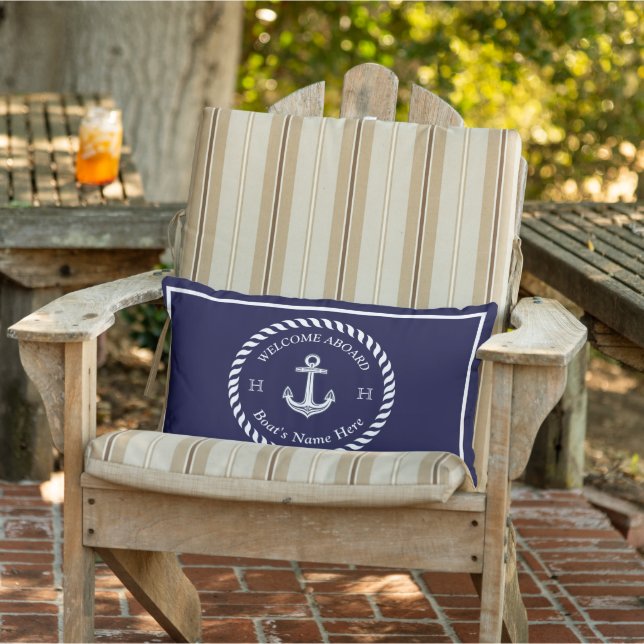 Nautical Boat Name Anchor Rope Navy Blue White  Lumbar Cushion (Chair)