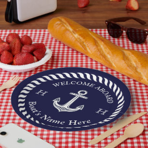 Nautical Boat Name Anchor Rope Navy Blue White  Paper Plate