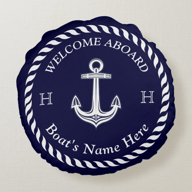 Nautical Boat Name Anchor Rope Navy Blue White  Round Cushion (Back)