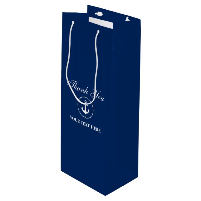 Nautical Boat Name Anchor Rope Navy Blue Wine Gift Bag (Front Angled)