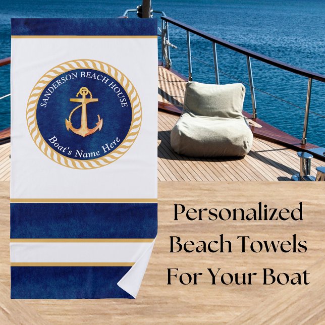 Nautical Boat Name Anchor Rope Navy Blue Yellow Beach Towel (Creator Uploaded)