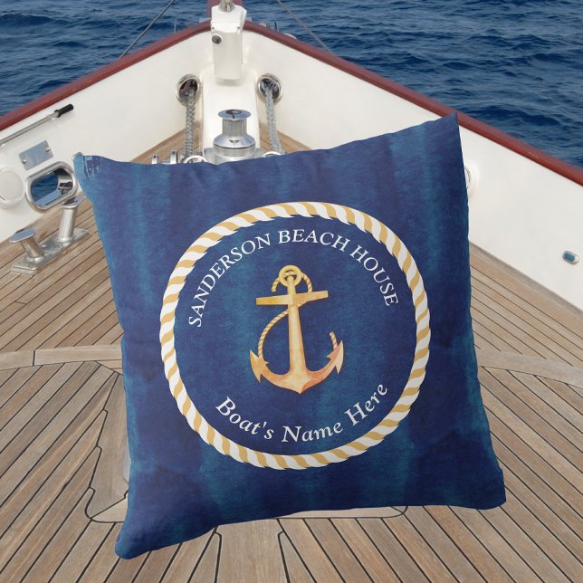 Nautical Boat Name Anchor Rope Navy Blue Yellow Cushion (Creator Uploaded)