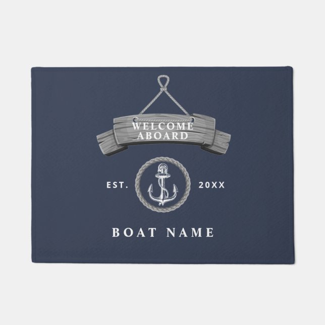 Nautical boat name anchor rope navy rustic doormat (Front)