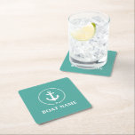 Nautical Boat Name Anchor Rope Square Paper Coaster<br><div class="desc">Nautical Boat Name Anchor Rope Teal Coaster Square</div>