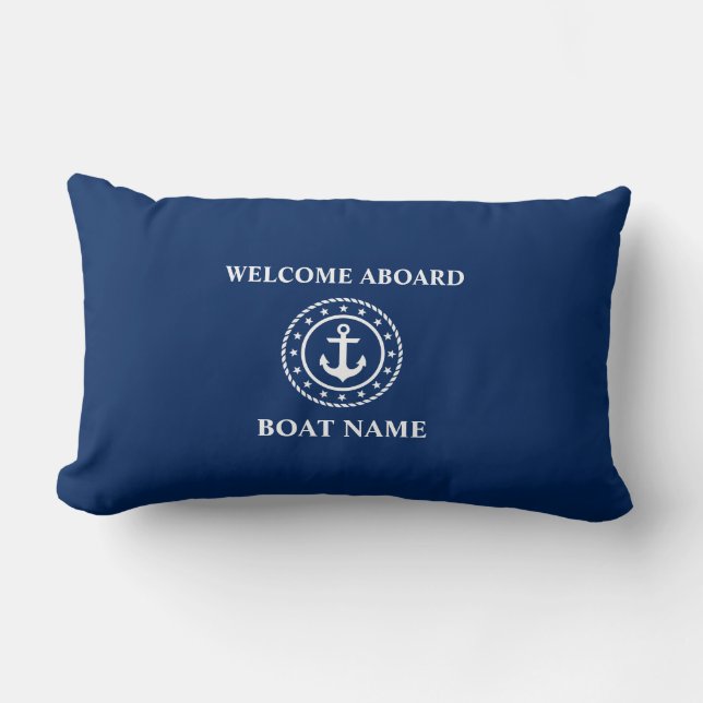 Nautical Boat Name Anchor Rope Stars Blue Welcome Lumbar Cushion (Front)