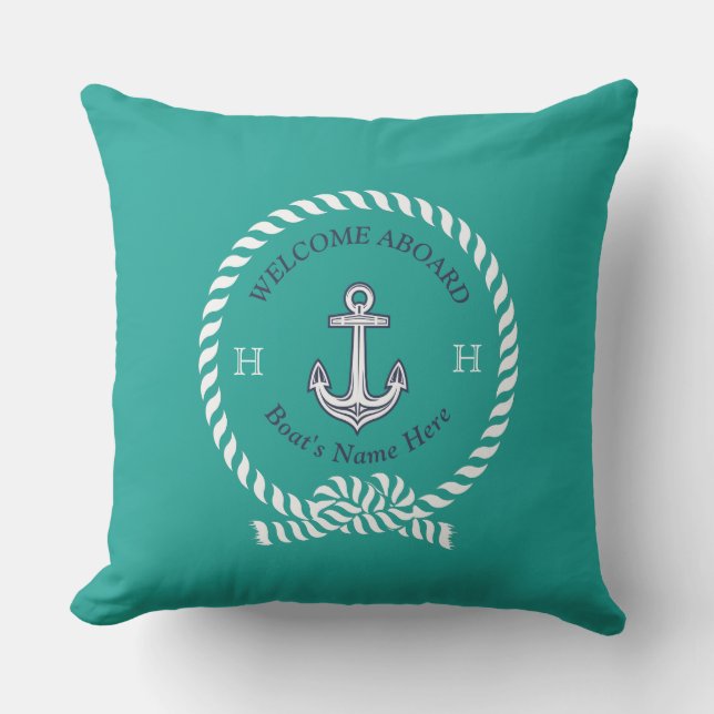 Nautical Boat Name Anchor Rope Teal Blue Welcome  Cushion (Front)