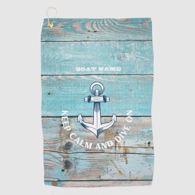 Nautical Boat Name Anchor Rustic Wood Golf Towel (Front)