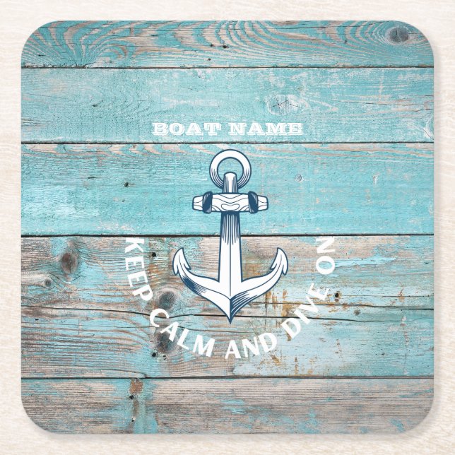 Nautical Boat Name Anchor Rustic Wood Square Paper Coaster (Front)