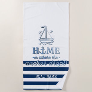Nautical Boat Name,Anchor Sea Navy Blue Striped Beach Towel