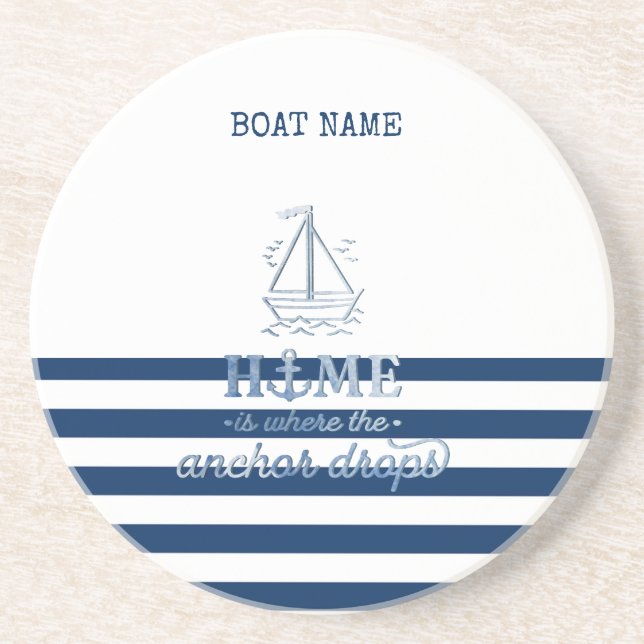 Nautical Boat Name,Anchor Sea Navy Blue Striped Coaster (Front)