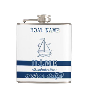 Nautical Boat Name,Anchor Sea Navy Blue Striped Hip Flask