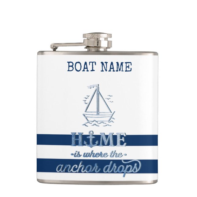 Nautical Boat Name,Anchor Sea Navy Blue Striped Hip Flask (Front)