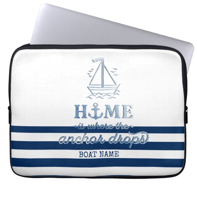 Nautical Boat Name,Anchor Sea Navy Blue Striped Laptop Sleeve (Front)