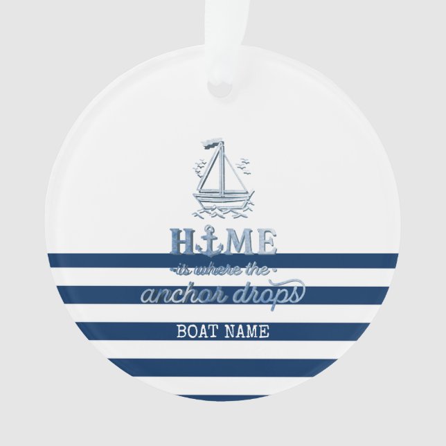 Nautical Boat Name,Anchor Sea Navy Blue Striped Ornament (Front)