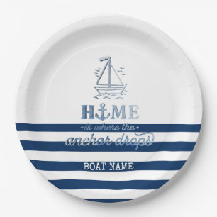 Nautical Boat Name,Anchor Sea Navy Blue Striped Paper Plate