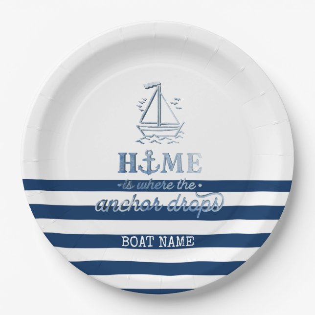 Nautical Boat Name,Anchor Sea Navy Blue Striped Paper Plate (Front)