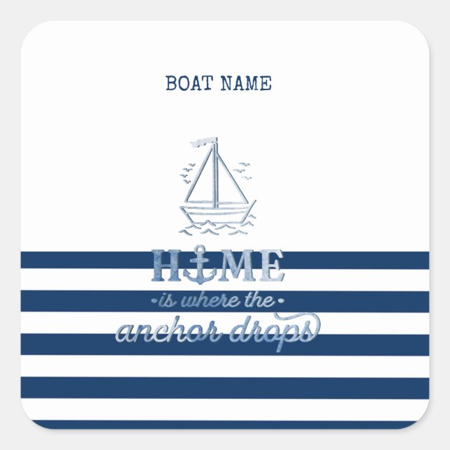 Nautical Boat Name,Anchor Sea Navy Blue Striped Square Sticker (Front)