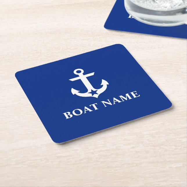 Nautical Boat Name Anchor Star Blue Square Paper Coaster (Angled)