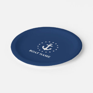 Nautical Boat Name Anchor Stars Navy Blue Paper Plate
