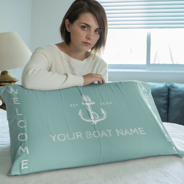 Nautical boat name anchor welcome aqua blue lumbar cushion (Creator Uploaded)
