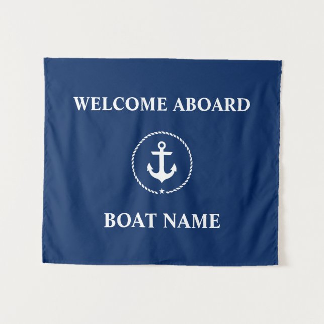 Nautical Boat Name Anchor Welcome Navy Blue Tapestry (Front (Horizontal))
