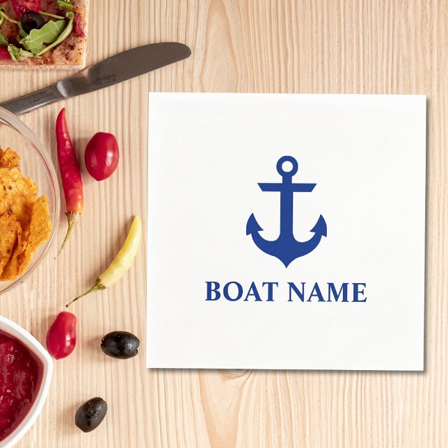 Nautical Boat Name Anchor White Cocktail Napkin (Customize to change text size or text style. )