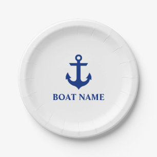 Nautical Boat Name Anchor White Paper Plate