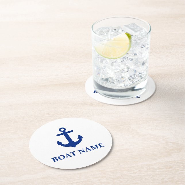 Nautical Boat Name Anchor White Round Paper Coaster (Insitu)
