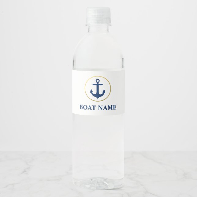 Nautical Boat Name Anchor White Water Bottle Label (Front)