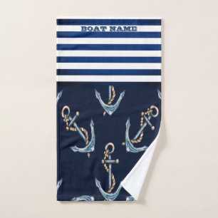 Nautical Boat Name, Anchors Navy Blue Striped Bath Towel Set