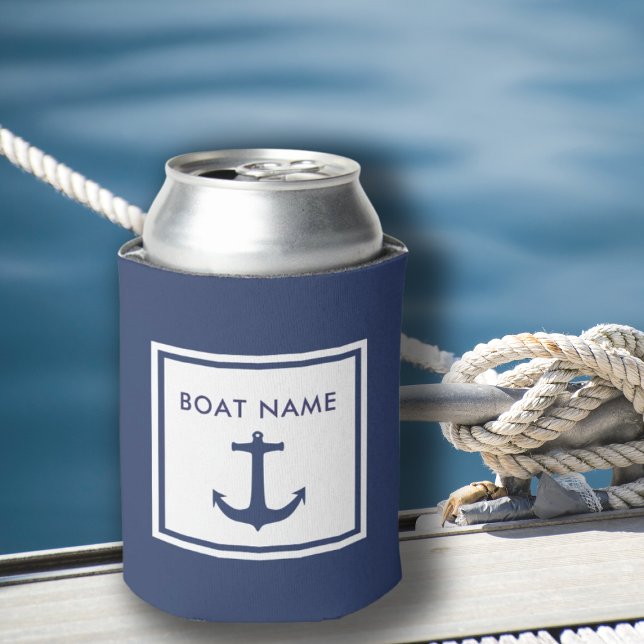 Nautical Boat Name Blue Anchor Captain Can Cooler (Personalised boat name can cooler for new boat owner gift idea)