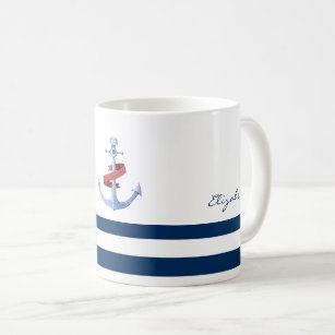 Nautical Boat Name,Blue Anchor Navy Blue Striped Coffee Mug