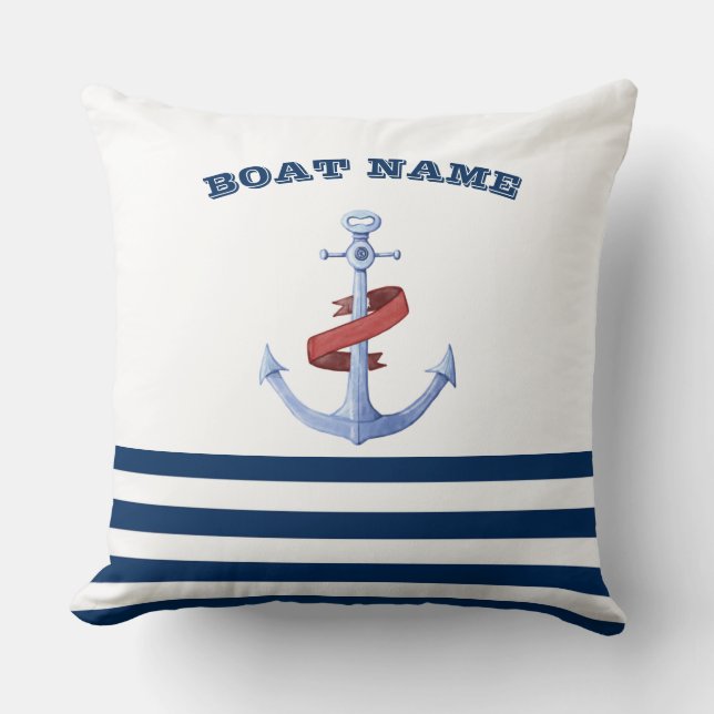 Nautical Boat Name,Blue Anchor Navy Blue Striped Cushion (Front)