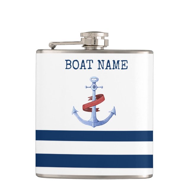 Nautical Boat Name,Blue Anchor Navy Blue Striped Hip Flask (Front)