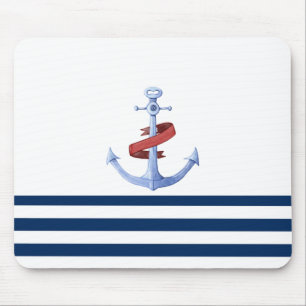 Nautical Boat Name,Blue Anchor Navy Blue Striped Mouse Mat