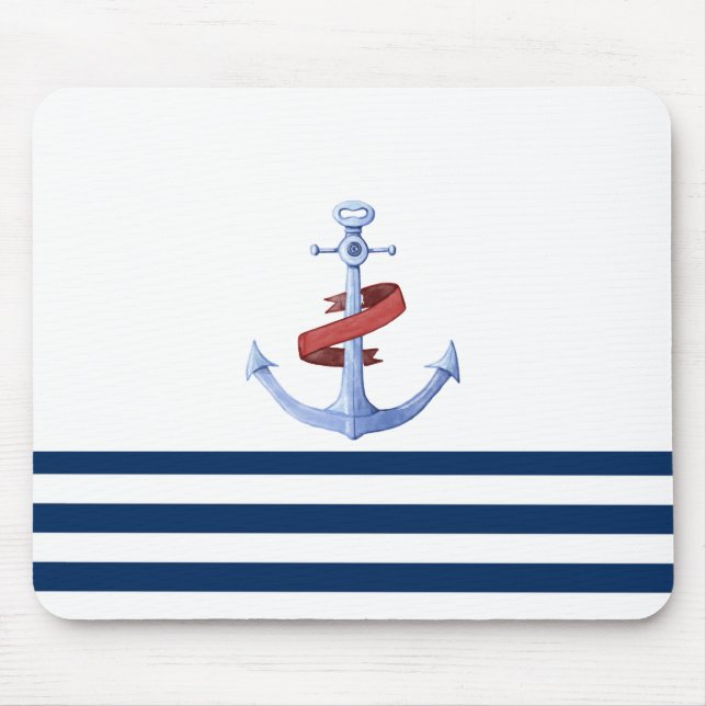 Nautical Boat Name,Blue Anchor Navy Blue Striped Mouse Mat (Front)