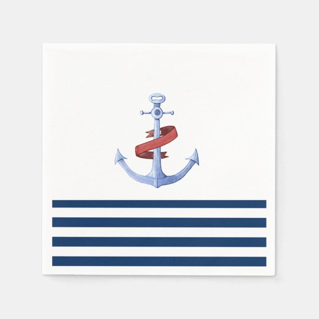 Nautical Boat Name,Blue Anchor Navy Blue Striped Napkin (Front)
