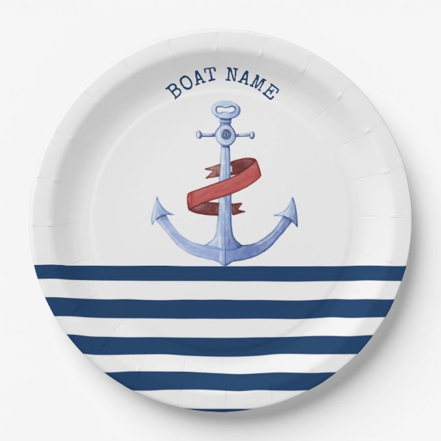 Nautical Boat Name,Blue Anchor Navy Blue Striped Paper Plate (Front)