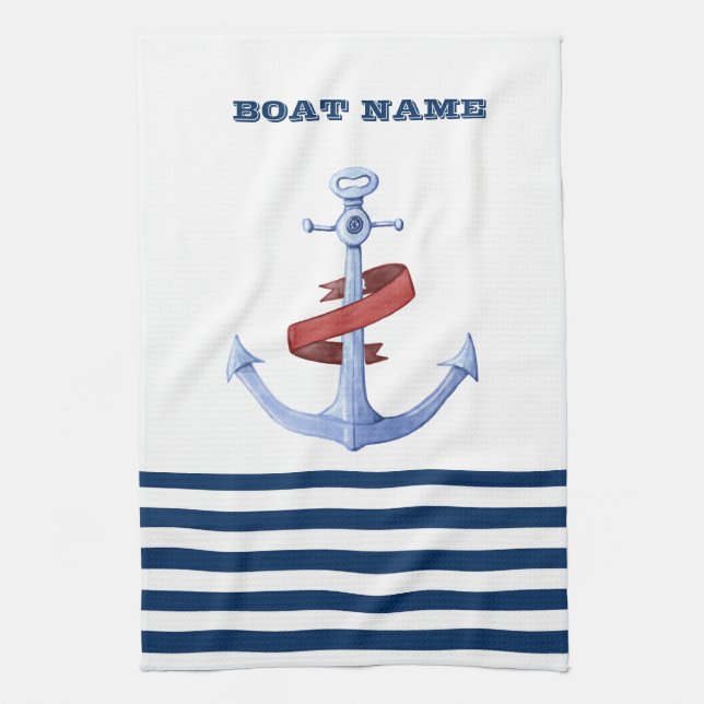 Nautical Boat Name,Blue Anchor Navy Blue Striped Tea Towel (Vertical)
