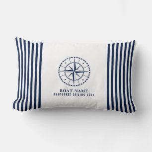 Nautical Boat Name Compass Navy Blue Lumbar Pillow