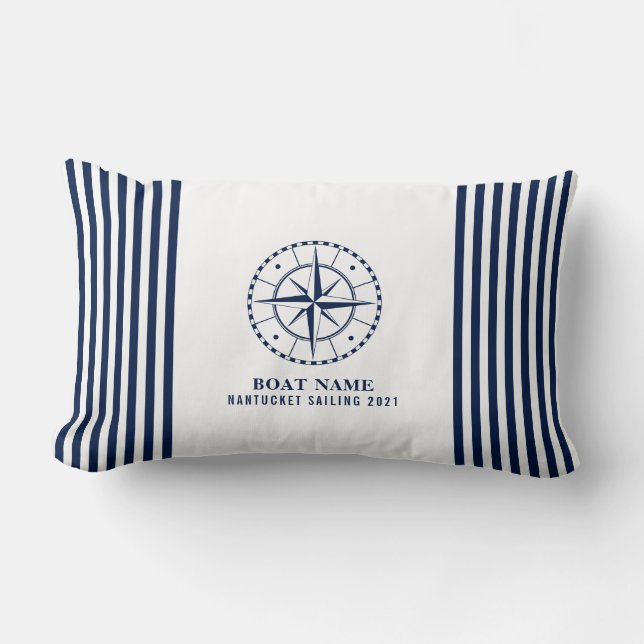 Nautical Boat Name Compass Navy Blue Lumbar Pillow (Front)