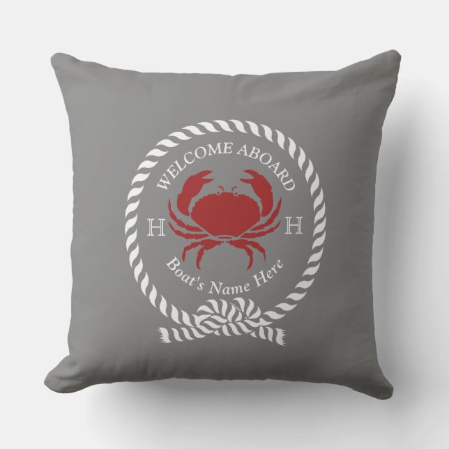 Nautical Boat Name Crab Rope Navy Blue Welcome Cushion (Front)