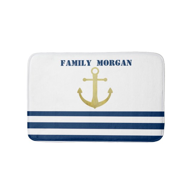 Nautical Boat Name,Gold Anchor Navy Blue Stripes Bath Mat (Front)