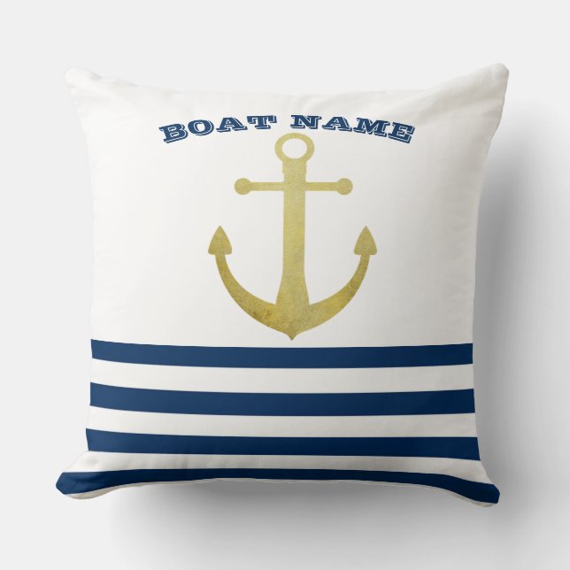 Nautical Boat Name,Gold Anchor Navy Blue  Stripes Cushion (Front)